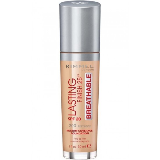 Rimmel London Lasting Finish Breathable Foundation, SPF 20, 200 Soft Beige, 30ml